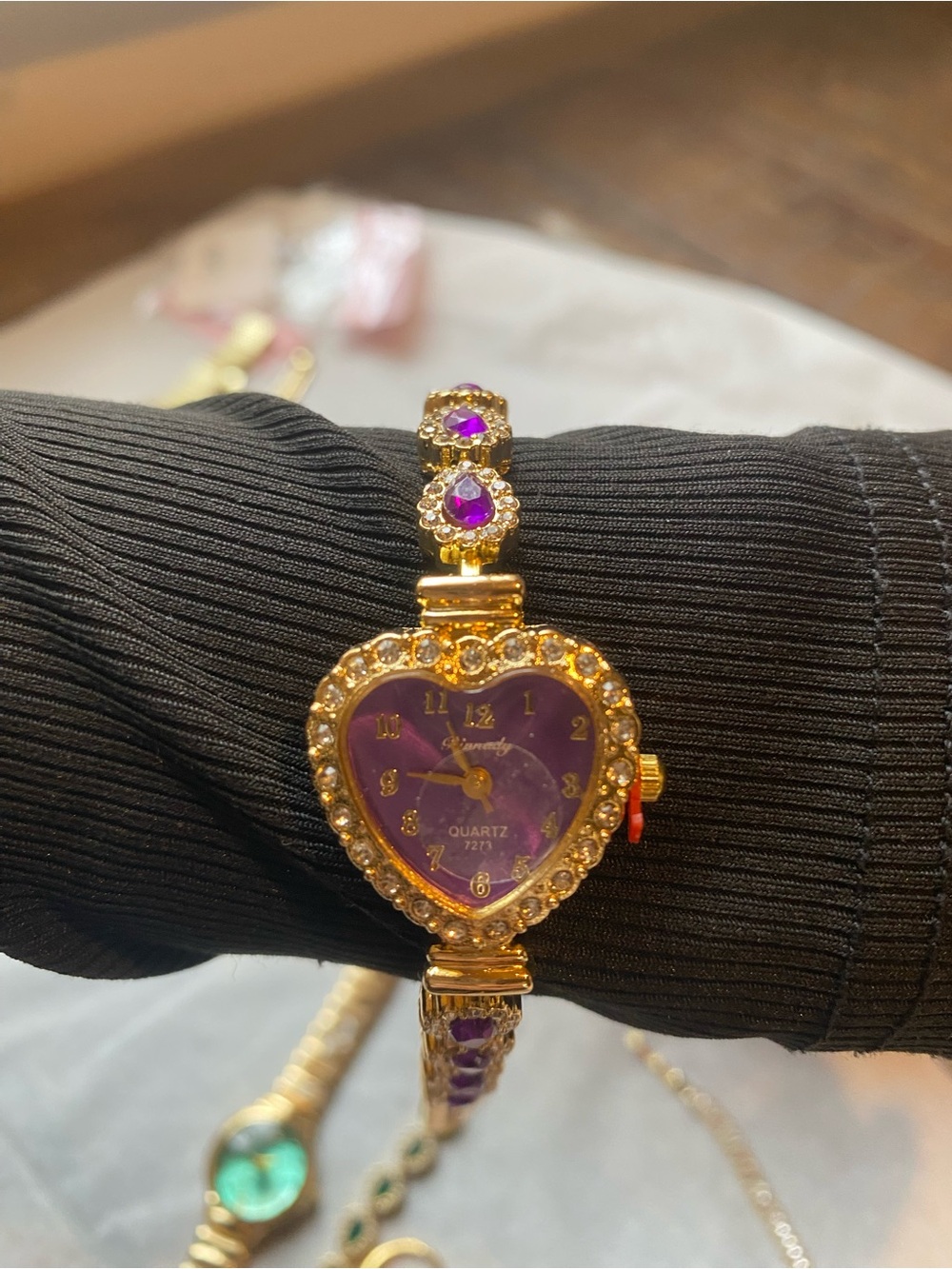 3 piece - Gold Heart-Shaped Purple Dial Bracelet Watch
